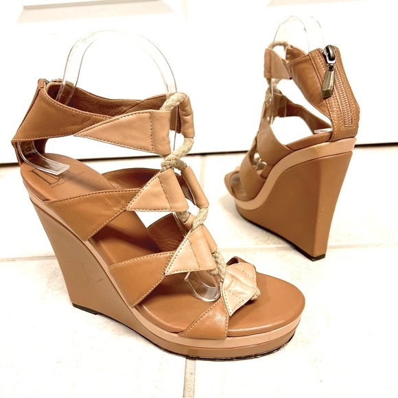DIANE VON FURSTENBERG THEIA TAN NATURAL WEDGE SANDALS boho gladiator women’s 9M - Picture 1 of 9